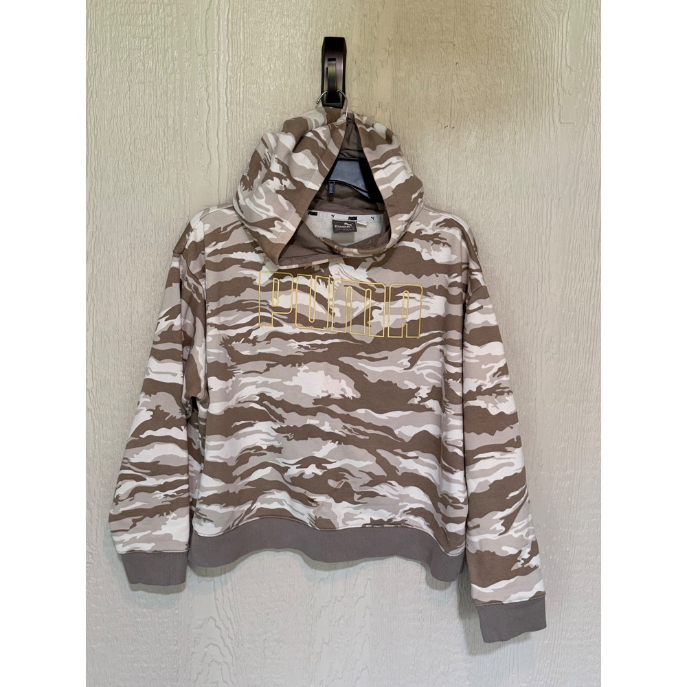 Puma Womens Camo Hoodie Brown Tan Camouflage Fleece Sweatshirt Large L Logo